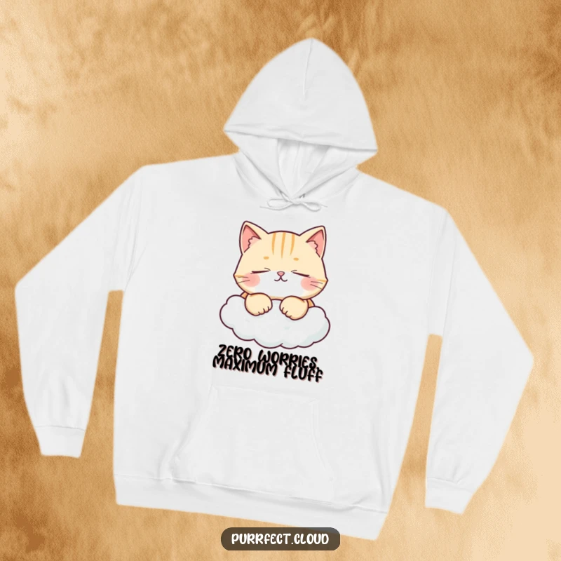 Funny hoodie depicting a serene cat with closed eyes, purring contentedly on a cloud, offering warmth and humorous charm.