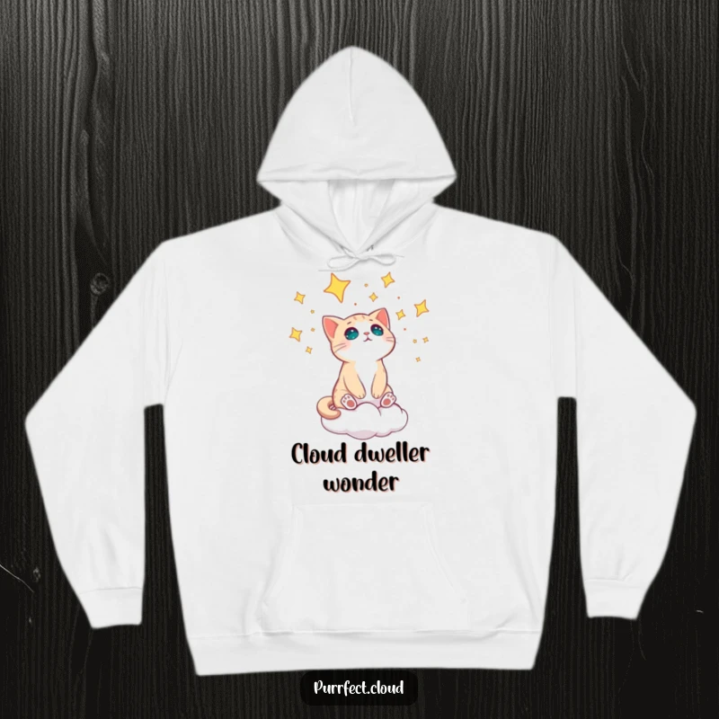 Funny cat on a cloud looking amazed at stars, depicted on a cozy and warm hoodie.