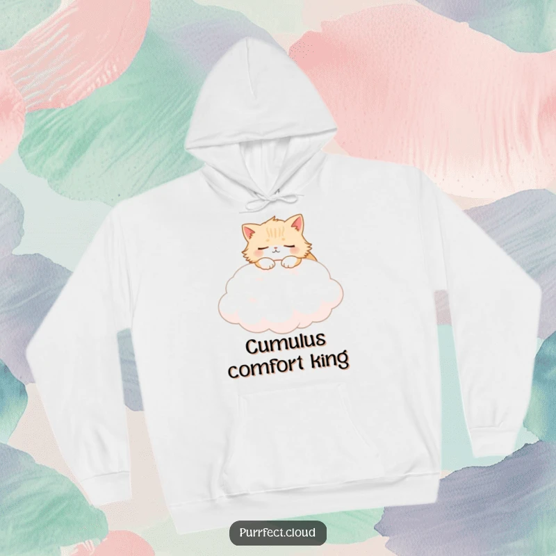 Funny Fluffy Cat Hoodie showing a serenely sleeping cat resting on a soft, white cloud, conveying ultimate comfort and humor.