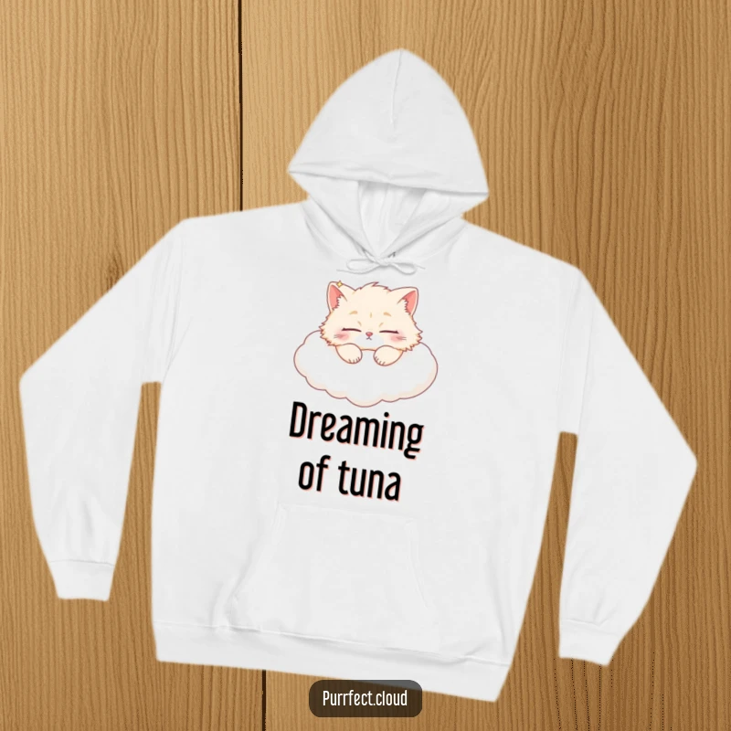 Funny fluffy cat in a deep sleep on a fluffy white cloud, embodying ultimate comfort on this hoodie.