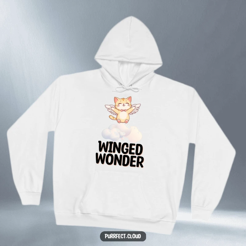 Funny angel cat hoodie, with wings, soaring joyfully above clouds, offering comfort and humor, a perfect gift.