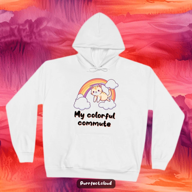 Funny hoodie featuring a cat sliding down a rainbow arc between clouds, offering cozy comfort and playful whimsy.