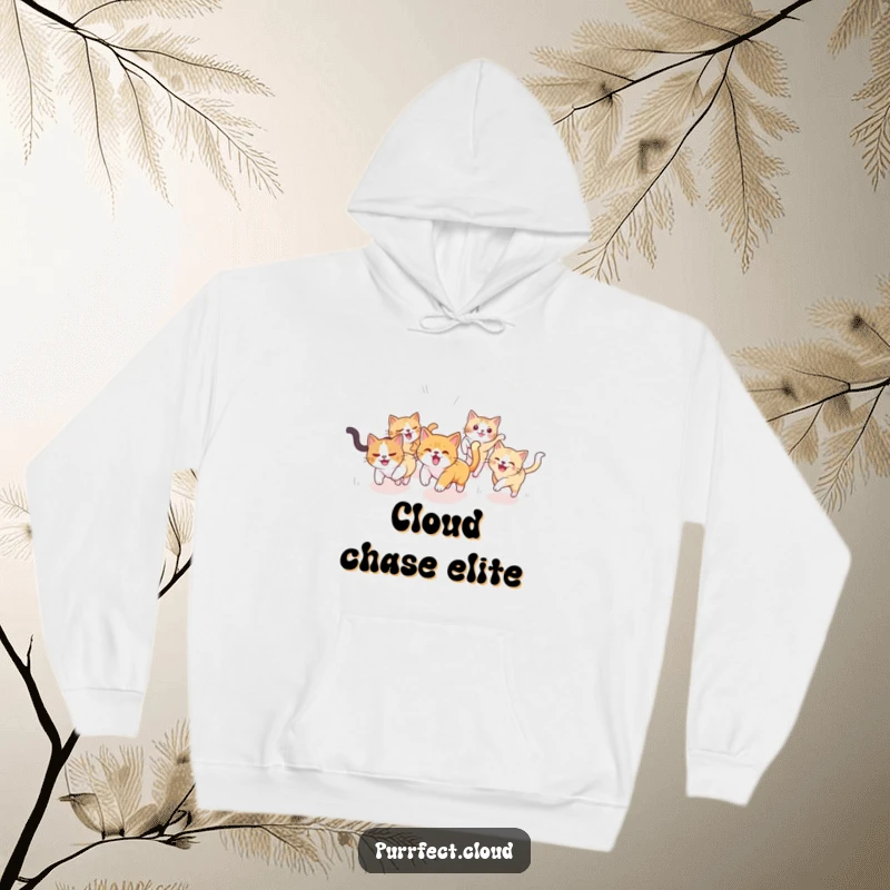Funny Cat Hoodie: Adorable cats joyfully chase each other against a backdrop of soft, fluffy clouds, conveying pure, unadulterated fun, a warm gift.