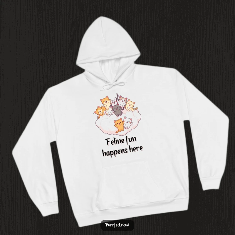 Funny Cat Tumble Hoodie: A group of joyful cats tumbling on a soft cloud, offering comfort and playful humor. An excellent funny gift.