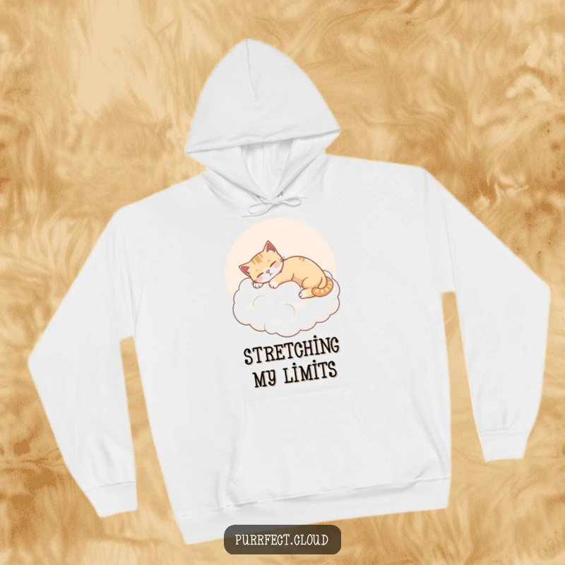 Funny Cozy Cat Hoodie, a cat stretches on a pink cloud, content and relaxed, soft and warm clothing.