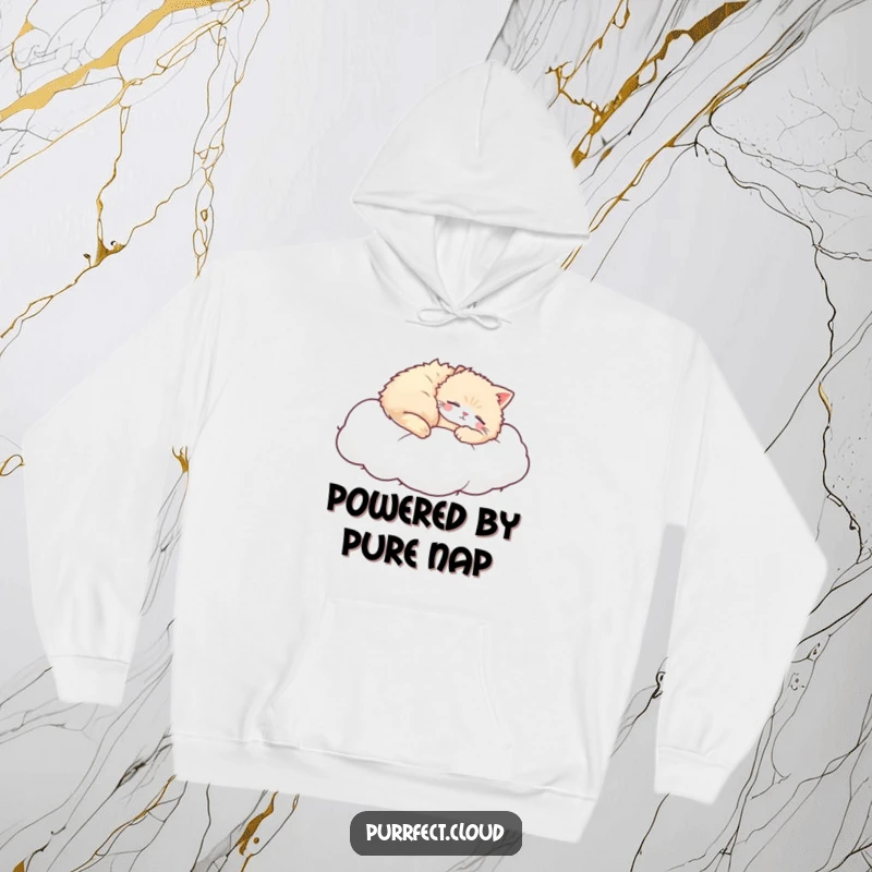 Funny Cozy Cat Hoodie, a fluffy cat naps on a cloud, soft and warm clothing, perfect for cat lovers.