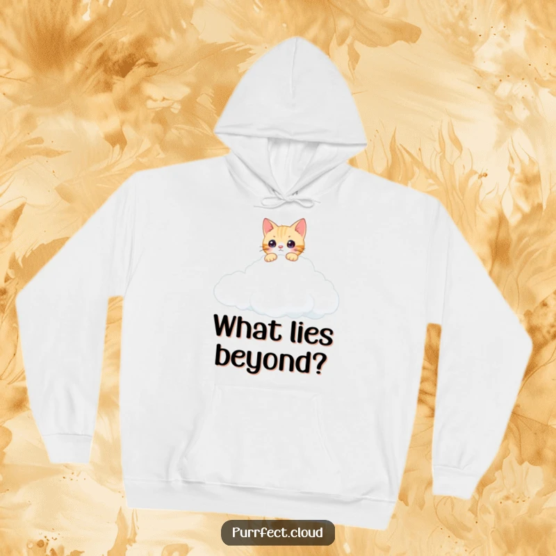 Funny curious cat cloud hoodie showing a cat peeking over a cloud's edge, perfect for explorers and cat enthusiasts.