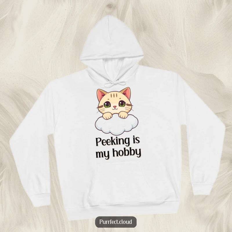 Funny cat hoodie showing a cat looking curiously over a cloud, offering comfort and a sense of adventure.