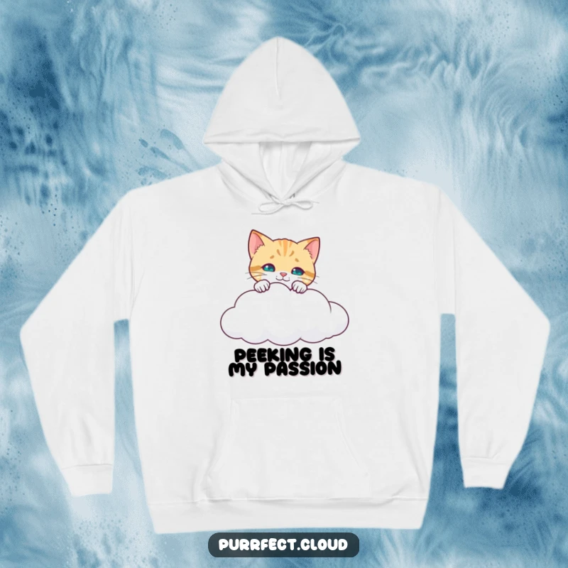 Funny Curious Cat Hoodie: A cat peeking over a cloud's edge, gazing down inquisitively, inspiring adventure and humor. An excellent funny gift.