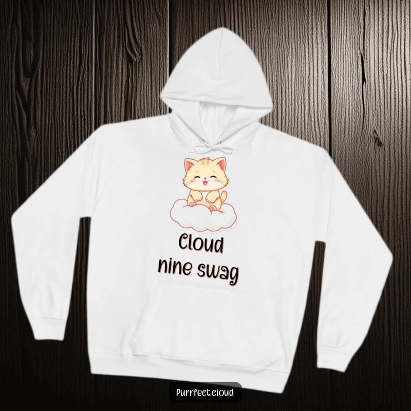 Funny cloud cat hoodie, a fluffy feline mid-bounce on a soft cloud, designed for ultimate comfort and humor.