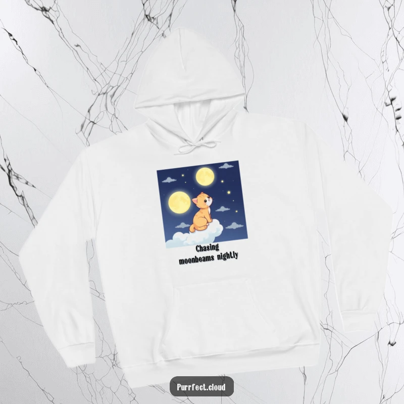Funny cat hoodie, a cat perches on a cloud, gazing at the moon, warm and celestial apparel.