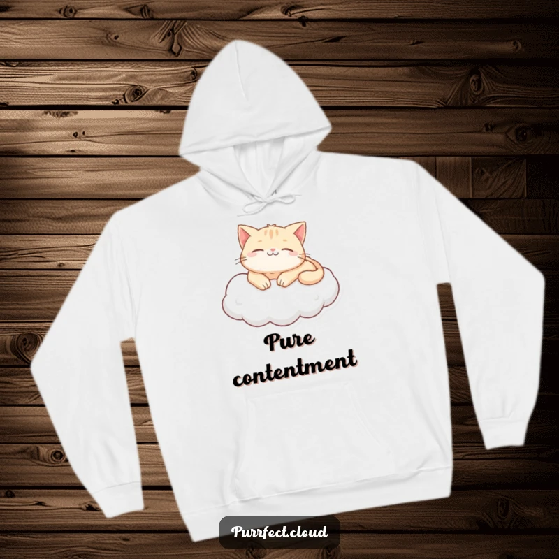 Funny purring cat cloud hoodie, showing a content cat lounging on a cloud, providing maximum coziness and a sense of peacefulness.