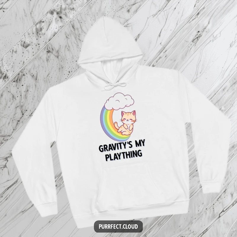 Funny cat hoodie, a cat slides down a rainbow coming from a cloud, warm and colorful apparel.