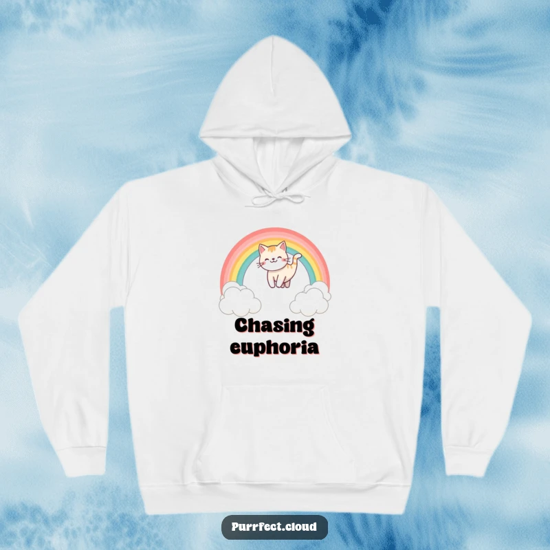 Funny rainbow sliding cat hoodie, depicting a happy cat sliding down a vibrant rainbow over clouds, offering warmth and whimsical charm.