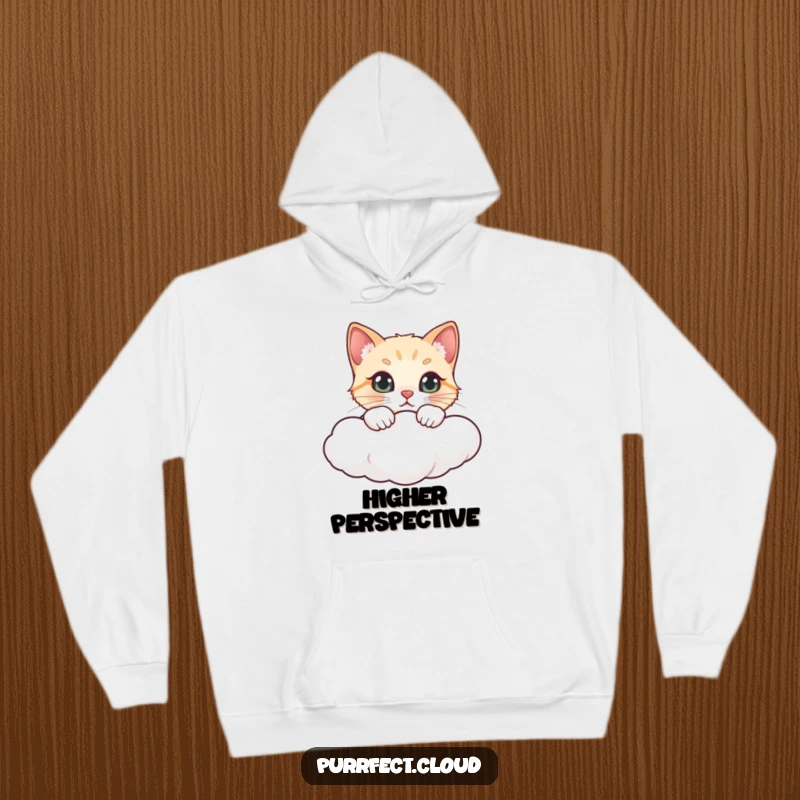 Funny hoodie depicting a cat peeking curiously over a cloud, offering warmth and a touch of playful humor.