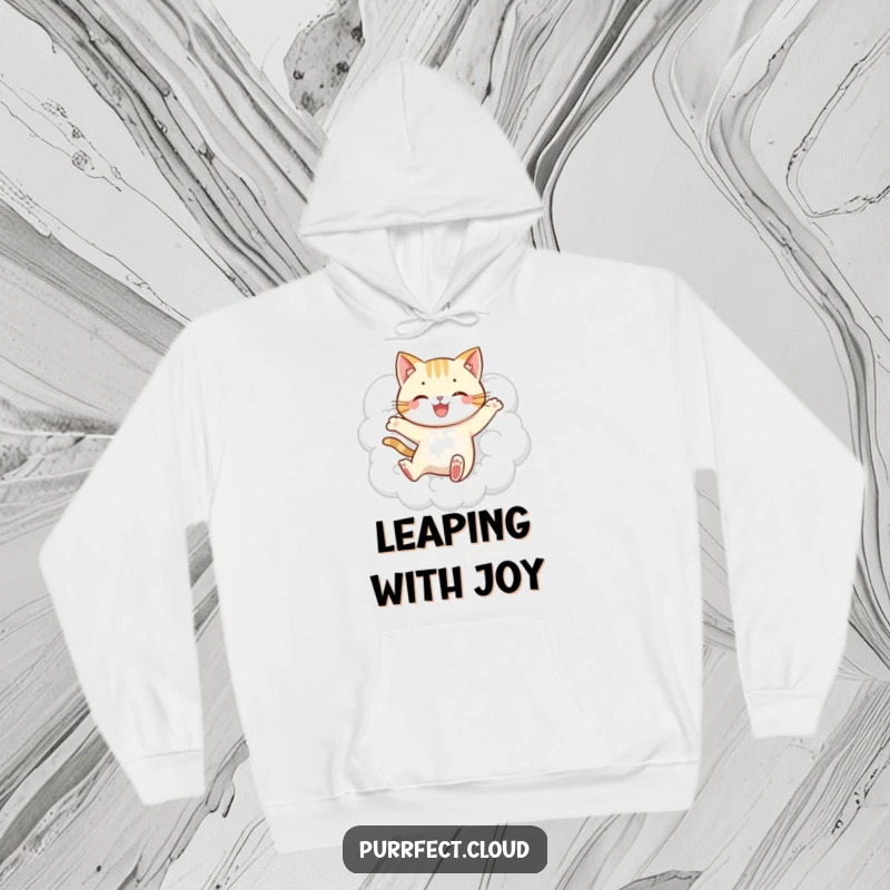 Funny jumping cat cloud hoodie, showing a playful cat leaping through clouds, providing cozy comfort and embodying lighthearted fun.