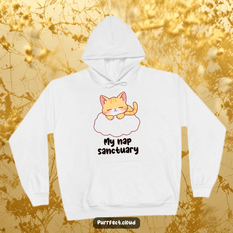 Funny napping cat cloud hoodie showing a content cat sleeping on a cloud, perfect for cozy days and cat enthusiasts.