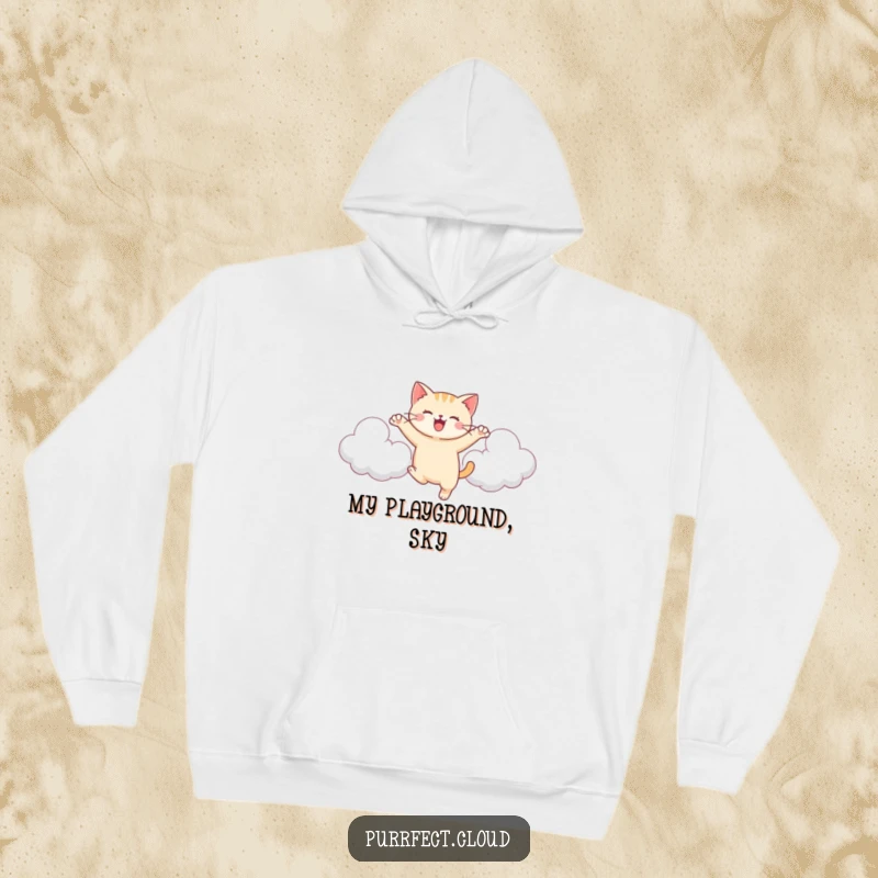 Funny Energetic Cat Hoodie, a cat leaps between clouds, joyful and playful, soft and warm clothing.