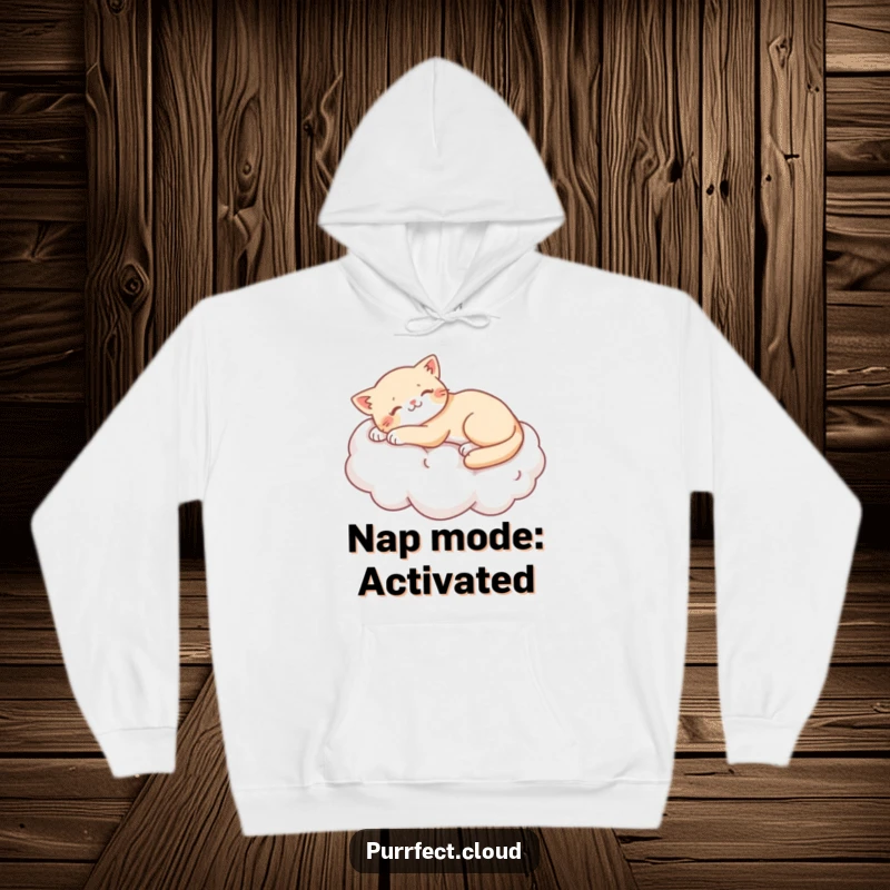 Funny cat stretching lazily on a soft cotton cloud, depicted on a warm, comfortable hoodie, ideal funny present.