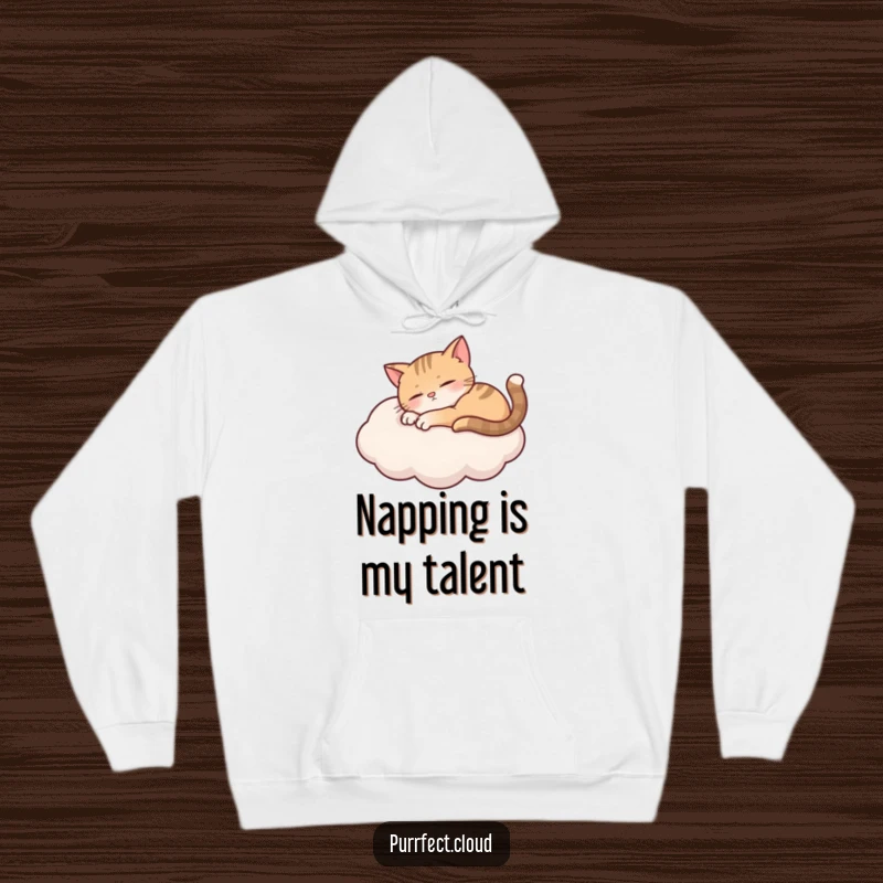 Funny curious cat peering over a cloud with wide eyes, a warm and humorous hoodie.