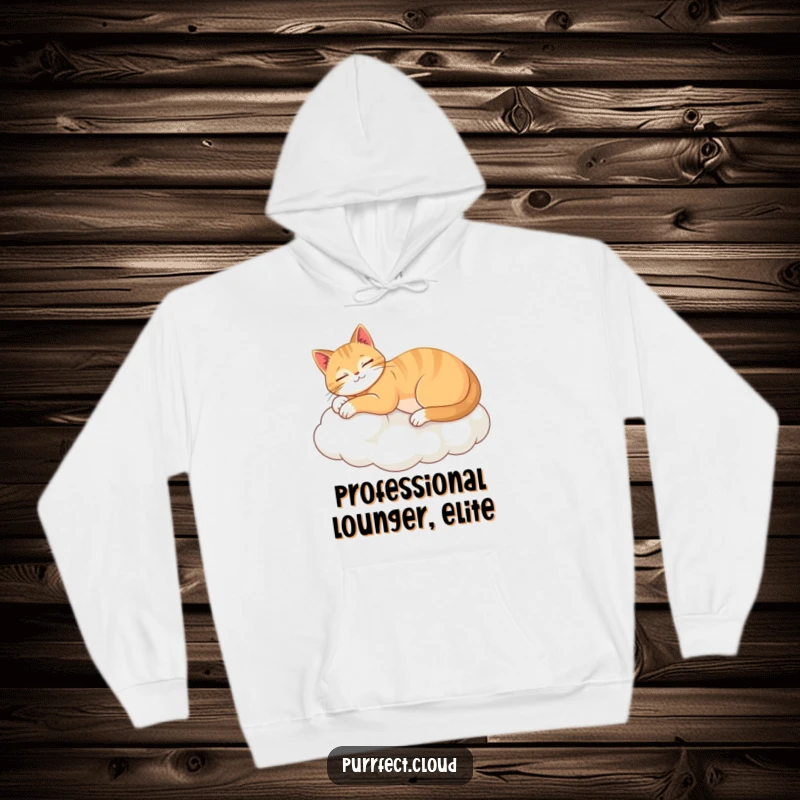 Funny hoodie showing a blissfully relaxed cat performing a graceful stretch on a soft, dreamy cloud, offering comfort and joy.