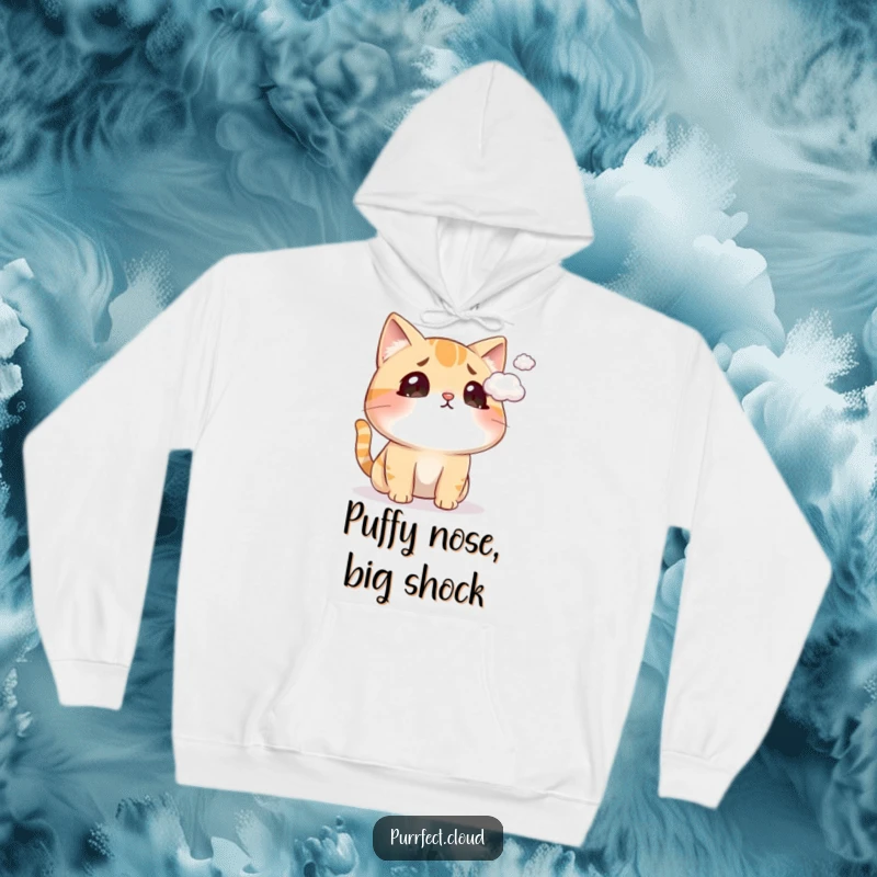 Funny cat hoodie showing a cat with a surprised expression as a tiny cloud tickles its nose, comfortable and humorous.