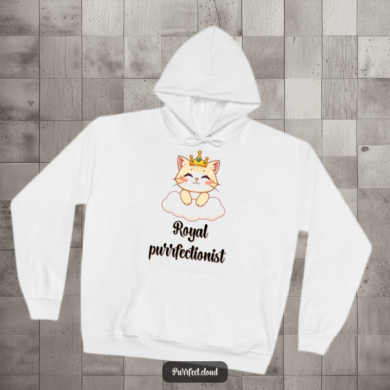 Funny hoodie featuring a regal cat adorned with a tiny crown, ruling benevolently from a soft, fluffy cloud.