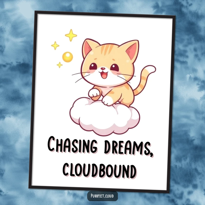 Funny Free Printable Wall Art of a playful cat chasing a luminous orb across a cloud, an energetic downloadable art piece.