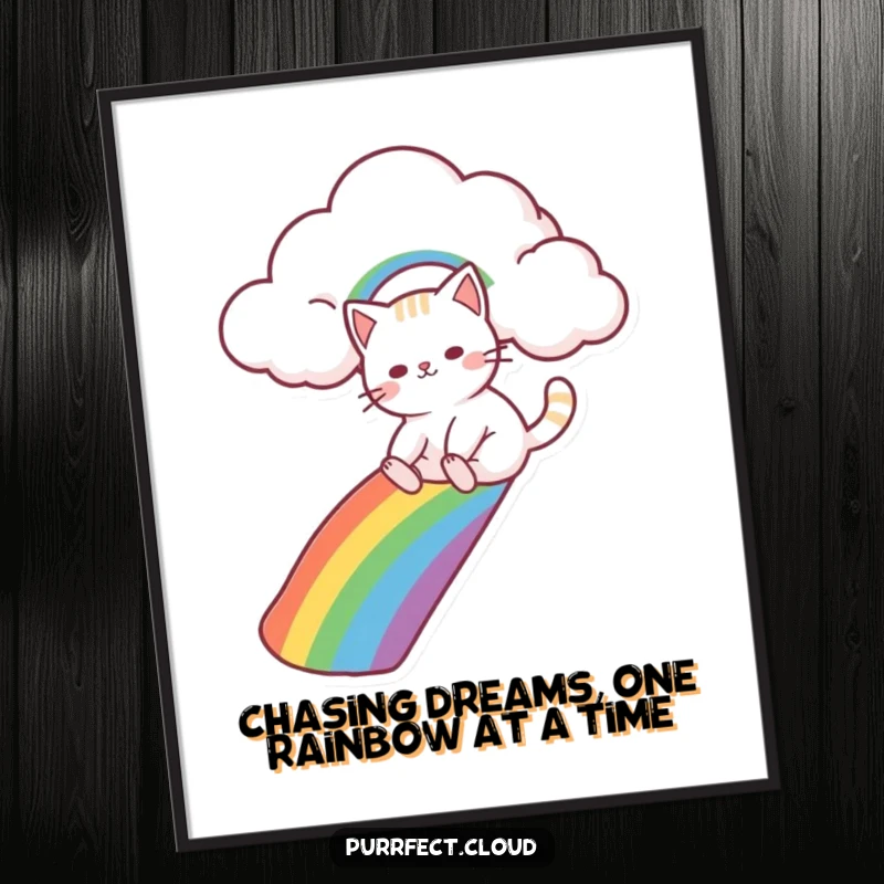 Funny Free Printable Wall Art: A whimsical cat slides down a vibrant rainbow from a cloud, bringing smiles and color.