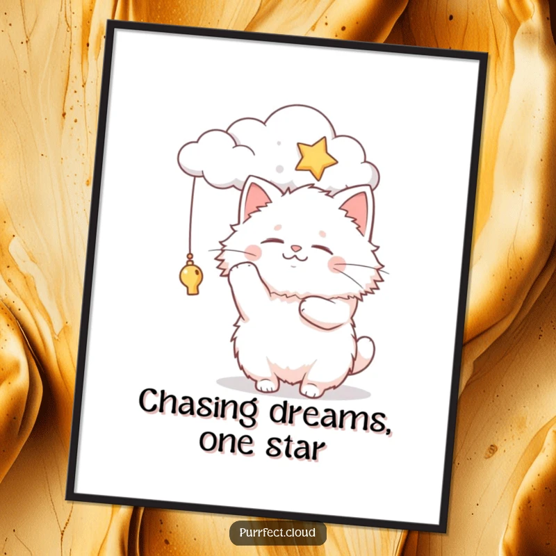 Funny Free Printable Wall Art: Adorable fluffy cat playfully batting at a star suspended from a whimsical cloud.