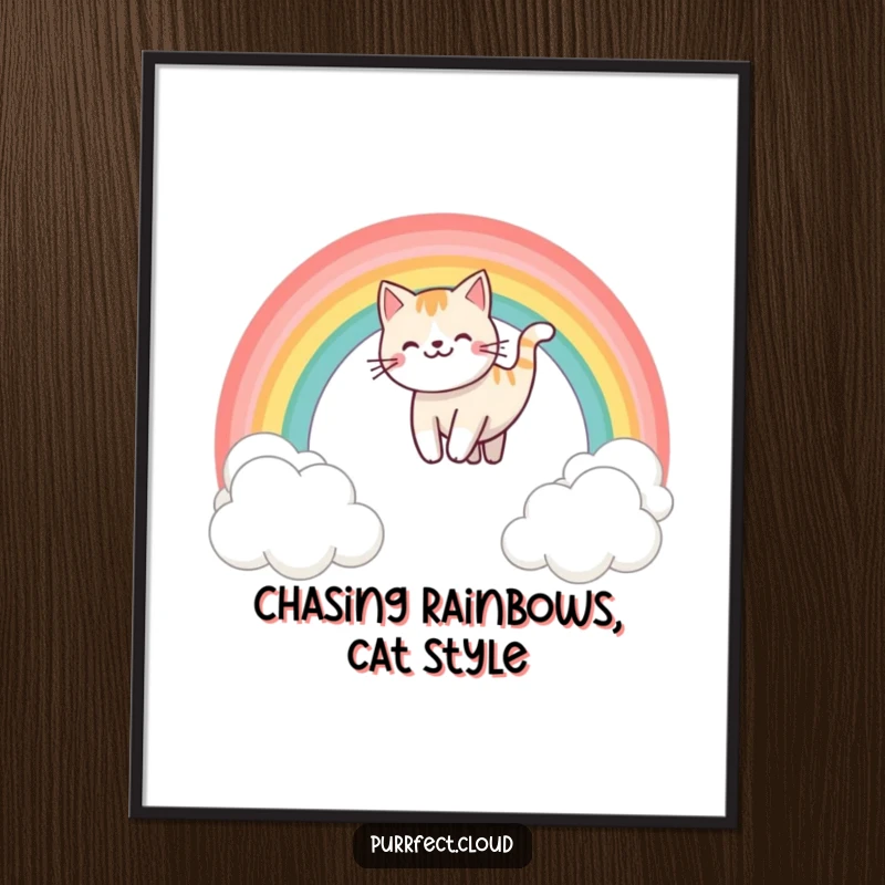 Funny Free Printable Wall Art of a happy cat character sliding down a rainbow that arches over soft, white clouds.