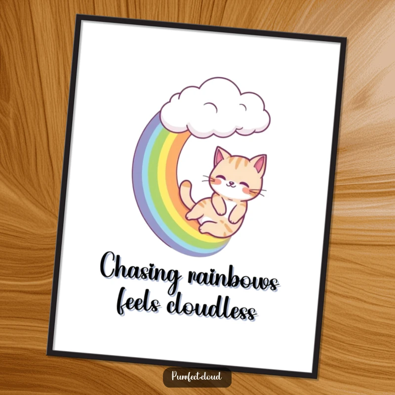 Funny Free Printable Wall Art: A cat zooms down a rainbow from a cloud, a humorous and vibrant downloadable art piece.