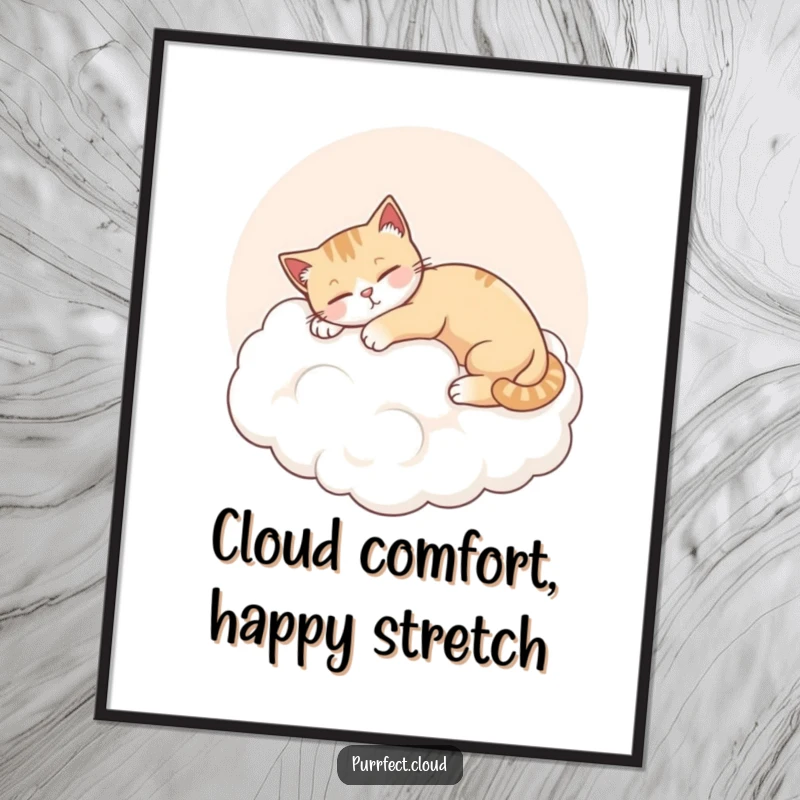 Free Printable wall art: a fluffy cat stretching contentedly on a soft, pink-tinged cloud, exuding pure relaxation.