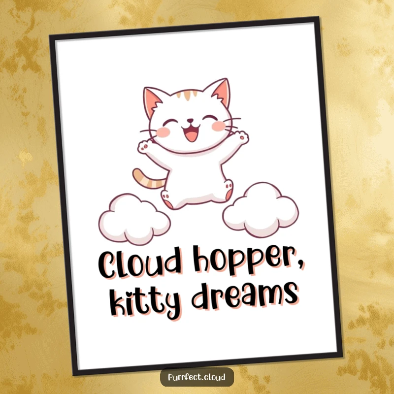 Funny Free Printable Wall Art: A cat joyfully leaping through the sky between two soft, fluffy clouds.