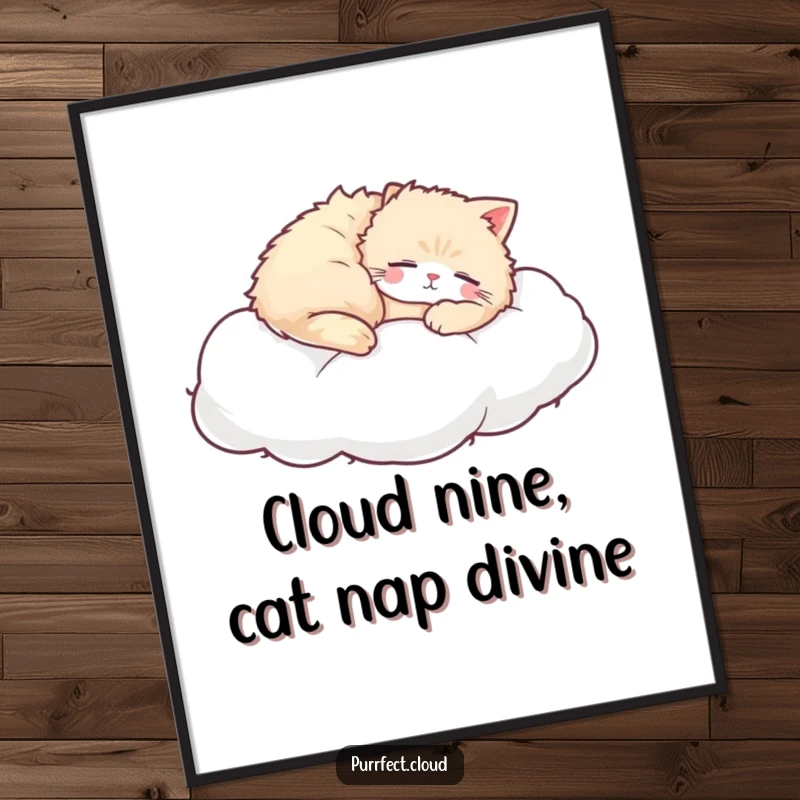 Free Printable wall art: a tranquil scene of a fluffy cat taking a peaceful nap on a soft, white, inviting cloud.