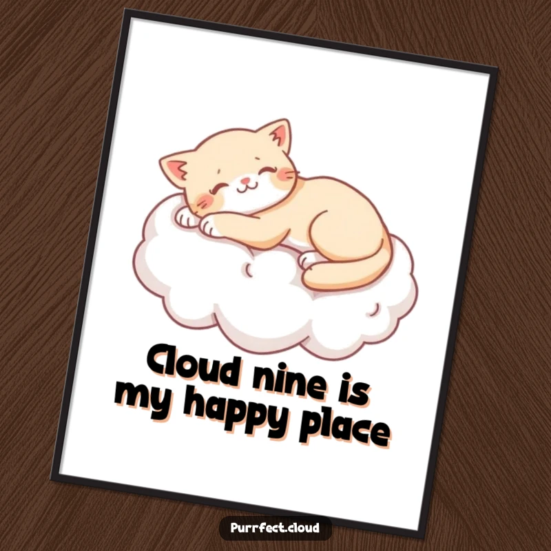 Funny Free Printable Wall Art: A cat stretches out on a soft, cotton-like cloud, radiating pure laziness and charm.