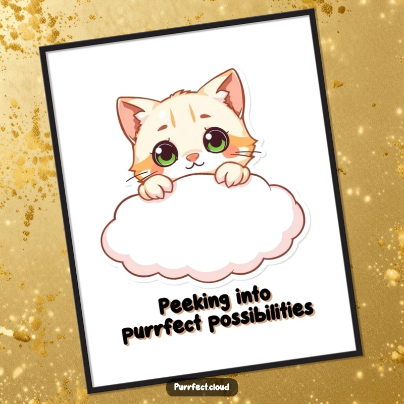 Funny Free Printable Wall Art of a curious cat character peeking over the edge of a cloud with wide, inquisitive eyes.