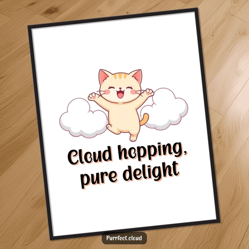 Free Printable wall art: a vibrant scene of a cat joyfully leaping between two soft, fluffy, perfectly floating clouds.