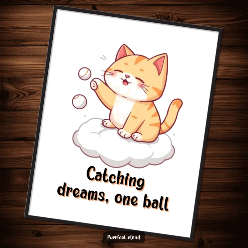Funny Free Printable Wall Art: A cat entertains itself by playing fetch on a cloud, tossing a tiny ball.