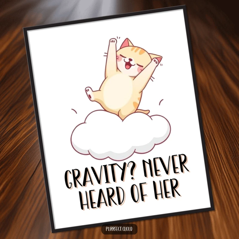 Funny Free Printable Wall Art capturing a cat's comically clumsy attempt at a somersault on a bouncy cloud.