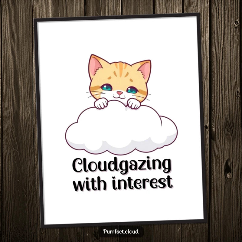 Funny Free Printable Wall Art showcasing a cat with wide, curious eyes peeking over the edge of a cloud, looking down.