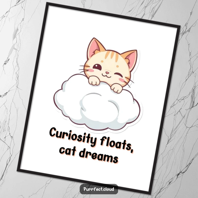 Funny Free Printable Wall Art: A curious cat with wide eyes, peeking over a fluffy cloud, full of wonder.