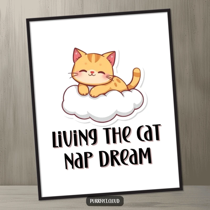 Funny free printable wall art depicting a ginger cat character peacefully floating on a soft, fluffy cloud.
