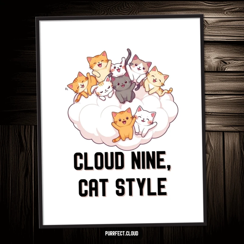 Funny Free Printable Wall Art showing a group of cats joyfully tumbling and playing exuberantly on a large, pillowy cloud.