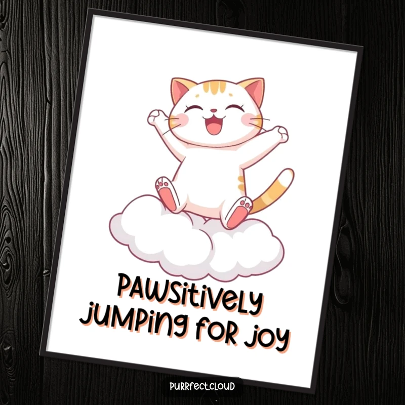 Funny Free Printable Wall Art: A cat joyfully leaping from cloud to cloud with pure delight.