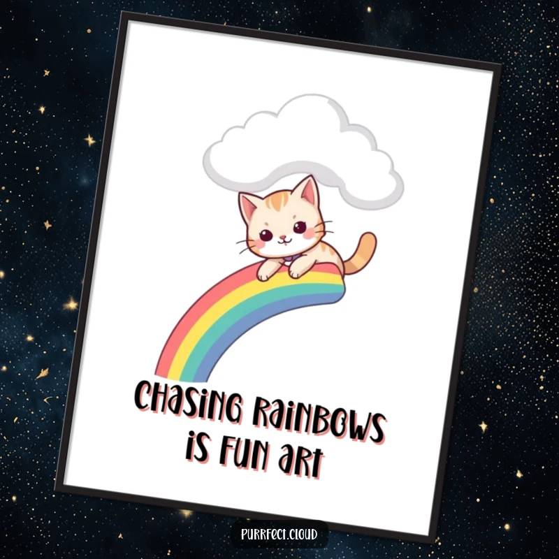 Funny Free Printable Wall Art: A cat happily slides down a colorful rainbow from a cloud, cheerful decor.