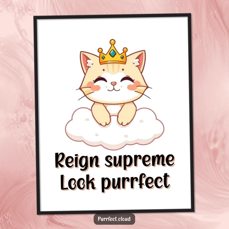 Funny Free Printable Wall Art: A cat adorned with a crown reigns from a cloud, regal and humorous decor.