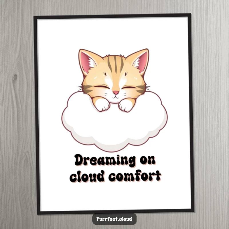 Funny Free Printable Wall Art depicting a cat in deep, peaceful slumber atop a fluffy white cloud, creating a humorous scene.
