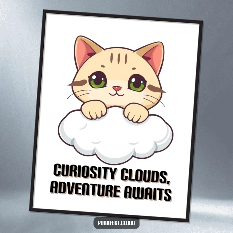 Funny Free Printable Wall Art of a cat peeking curiously over a fluffy cloud, a whimsical downloadable art piece.