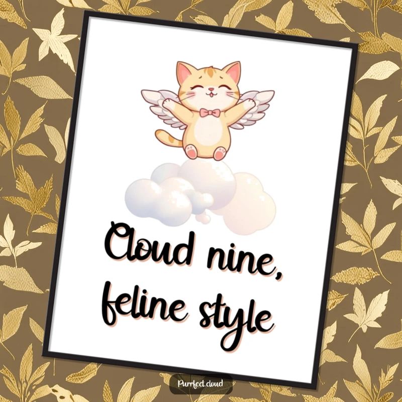 Funny Free Printable Wall Art: A joyful cat with majestic wings, soaring peacefully above a dreamy cloud landscape.